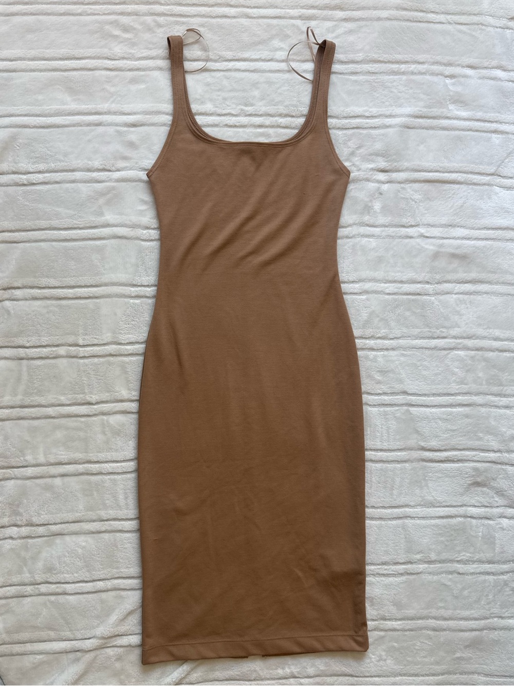Zara trafaluc Scoop Neck nude tan Brown Bodycon Midi Dress thin straps